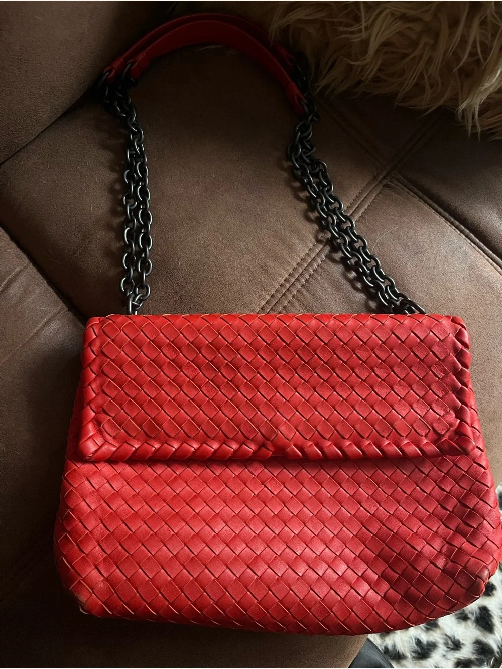Bottega Veneta Olympia Woven Leather Shoulder Bag in Red